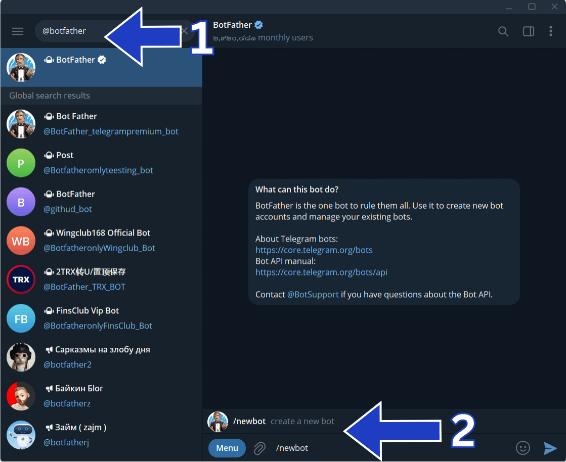 Creating a new bot with BotFather