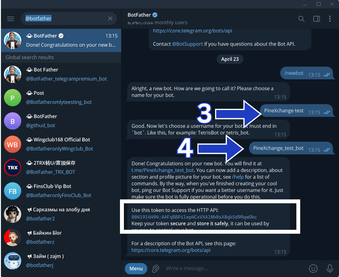Bot token provided by BotFather